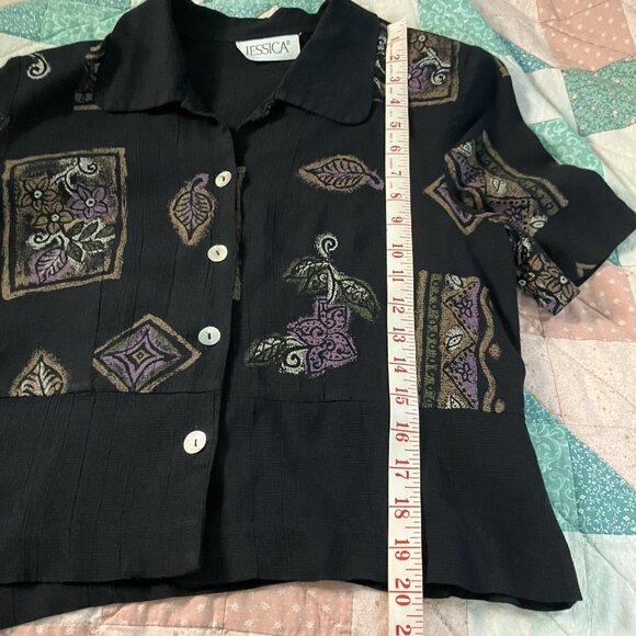 Vintage Jessica Blouse Womens Cropped Abstract Blouse Rayon 90s Boho - Picture 5 of 6